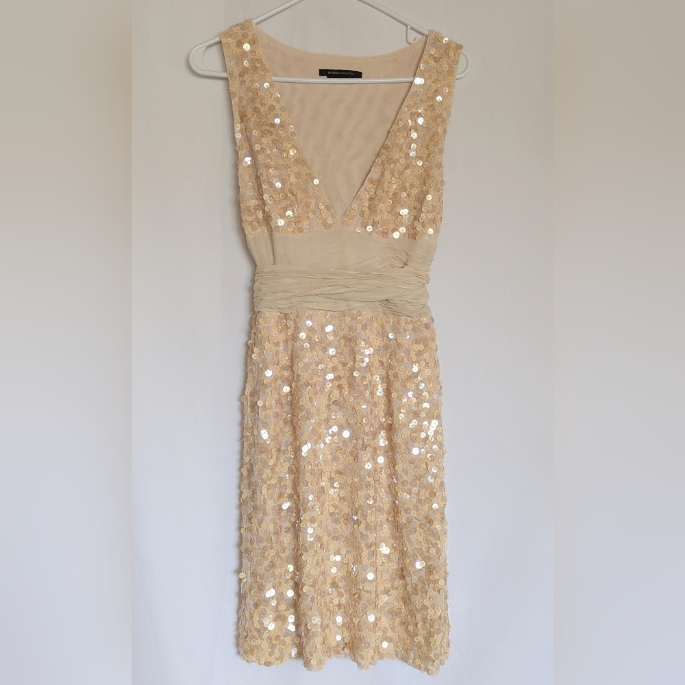 BCBGMaxAzria Small Beige Sequin Midi Dress V-neck Celebration Silk Belt